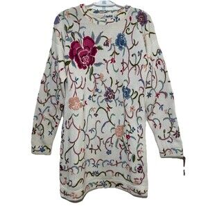 Knights Ltd Ivory Floral Embroidered Cottagecore Long Sweater Tunic Medium